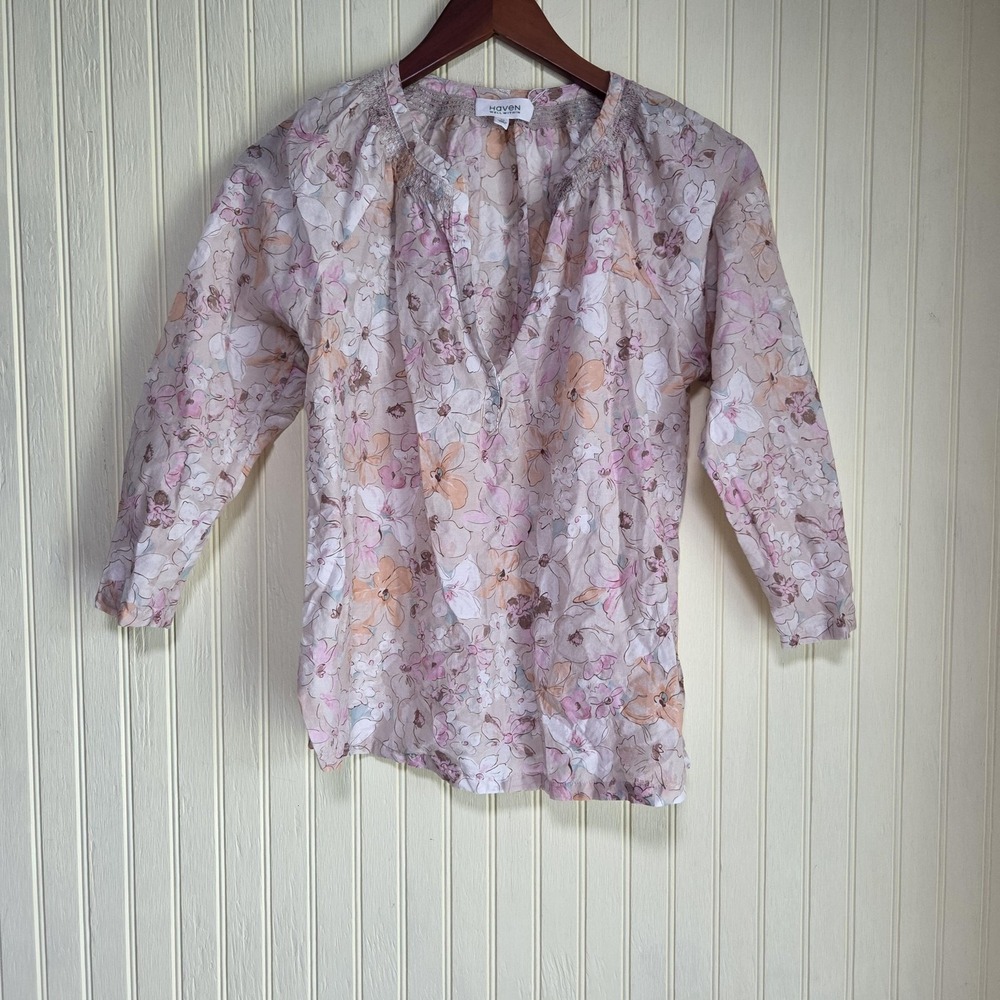 Haven Well Within Blouse Womens XS‎ Pink V Neck 3/4 Sleeve Floral Tunic Top - Picture 2 of 7